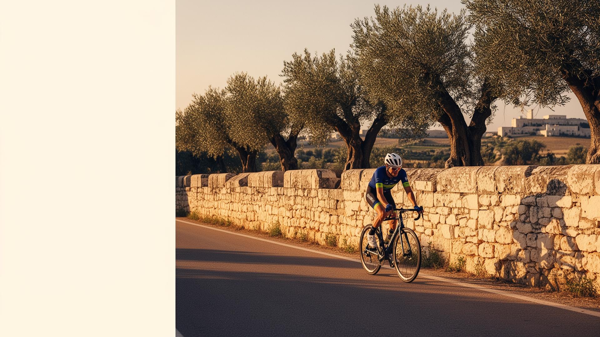 Cyclist riding past olive groves and stone walls in Puglia, Italy